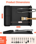 Silicone Grill Mat Two Pack for Blackstone 16x11.5 Inch Non Slip Tool Mats with sauce drip pad and wavy grip, shown with utensils.