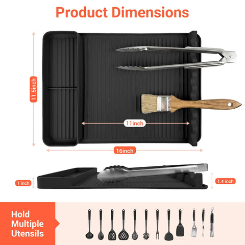 Silicone Grill Mat Two Pack for Blackstone 16x11.5 Inch Non Slip Tool Mats with sauce drip pad and wavy grip, shown with utensils.