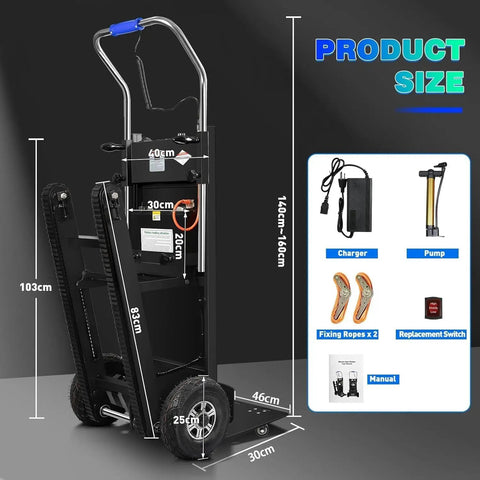 Heavy Duty Electric Stair Climbing Dolly With 1250W Motor And 900Lb Capacity, Feature Dual Speed Options For Smooth Furniture Hauling On Any Slope Plus Foldable Tracked Hand Truck with size measurements.