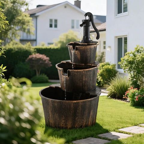 Three Tier Rustic Barrel Waterfall Fountain With Recirculating Pump For Outdoor Garden Patio Backyard And Porch 40 Inch Wooden Water Feature