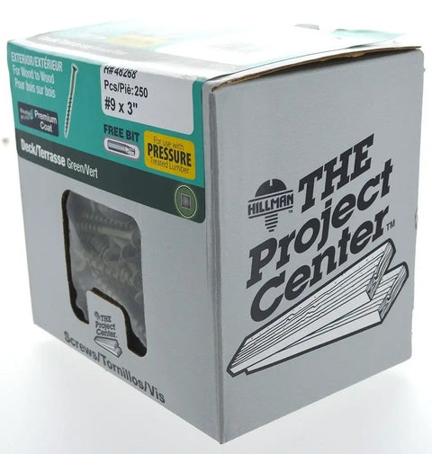 Green Coated Square Drive Deck Screws 3 Inch Flat Head Professional Grade Fasteners 250 Pack box with screws visible.