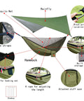 Components of Double Parachute Nylon Camping Hammock Set With Rain Fly Tarp Mosquito Net And Tree Straps Lightweight Dope Gear.