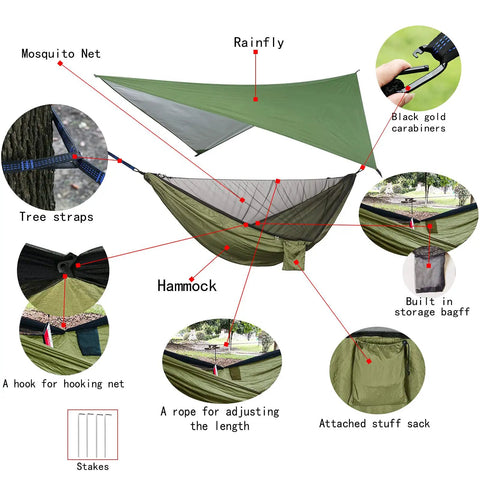 Components of Double Parachute Nylon Camping Hammock Set With Rain Fly Tarp Mosquito Net And Tree Straps Lightweight Dope Gear.