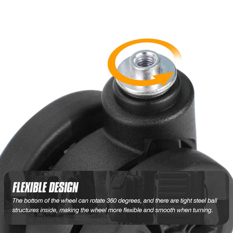 Close-up of 2 Pack Luggage Wheel Replacement Set For Suitcases, 55 Mm Diameter, 25 Mm Axle, showing 360 degree rotation feature.
