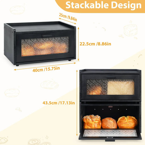 Big Ol Stackable Pine Wood Bread Box With Patterned Acrylic Door For Kitchen Countertop Vintage Style Bread Bin showing dimensions.