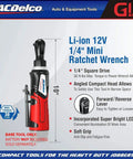 Compact 12V Cordless Ratchet Wrench With 1/4 Inch Alloy Head 30 Ft-Lbs Torque Built-In LED Light Li-Ion Power Perfect For Tight And Dark Spaces Bare Tool Only No Battery displayed with specifications.