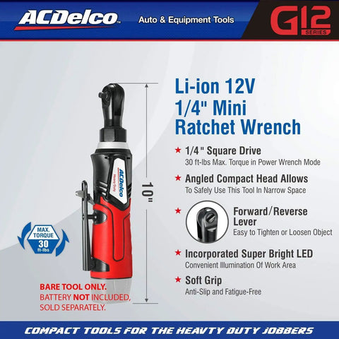 Compact 12V Cordless Ratchet Wrench With 1/4 Inch Alloy Head 30 Ft-Lbs Torque Built-In LED Light Li-Ion Power Perfect For Tight And Dark Spaces Bare Tool Only No Battery displayed with specifications.