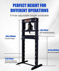 Heavy Duty Hydraulic Shop Press With Adjustable Benchtop Table and Solid H Frame Steel Construction, showing height adjustable settings.