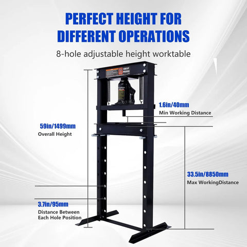 Heavy Duty Hydraulic Shop Press With Adjustable Benchtop Table and Solid H Frame Steel Construction, showing height adjustable settings.