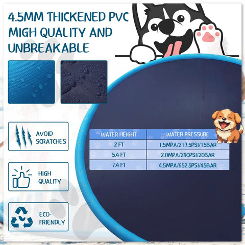 4.5mm thickened PVC details of 10 Ft Extra Large Non Slip Splash Pad For Kids Adults And Dogs Blue Backyard Water Play Mat