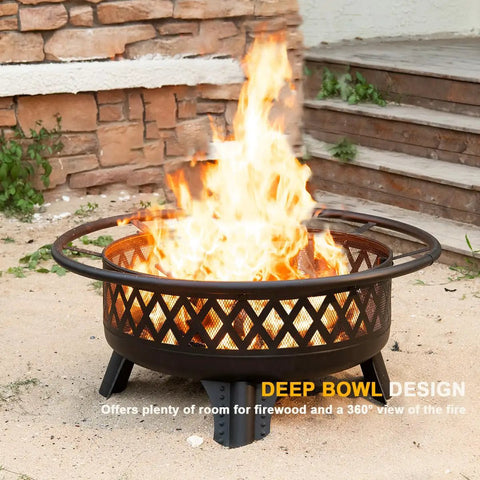 38 Inch Wood Burning Fire Pit For Outdoor Patio with deep bowl design and flames, ideal for backyard bonfires and gatherings