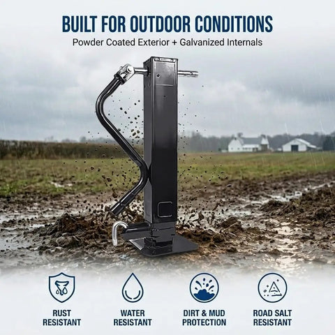 Heavy Duty Weld On Trailer Jack For Utility Trailers With 12000 Lbs Hold And Heavy Hitter 4 Inch Square Tube Frame, rust and water resistant.
