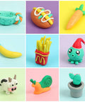 Various creations made with 50 Color Polymer Clay Set For Kids And Artists, including food and animals, showcasing vivid textures and colors.