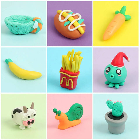 Various creations made with 50 Color Polymer Clay Set For Kids And Artists, including food and animals, showcasing vivid textures and colors.