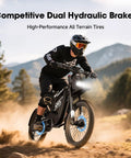 Person riding All-Terrain Electric Dirt Bike For Adults With 1536Wh Battery And 32Ah, Up To 80 Mile Range in mountain trail