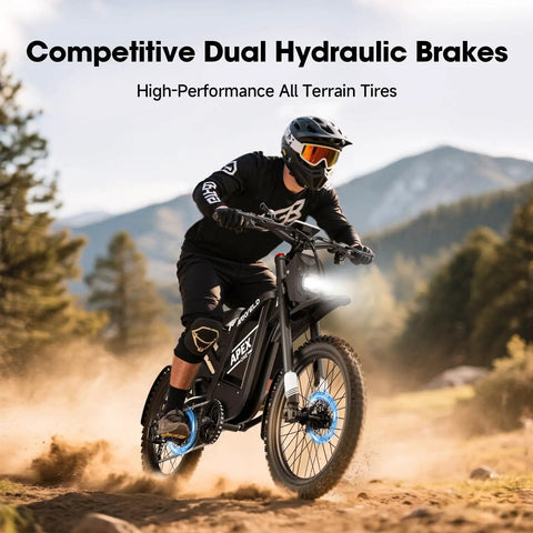 Person riding All-Terrain Electric Dirt Bike For Adults With 1536Wh Battery And 32Ah, Up To 80 Mile Range in mountain trail