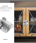 Easy Install Durable Stainless Steel Heavy Duty Gate Latch for double doors shown mounted on glass cabinet door.