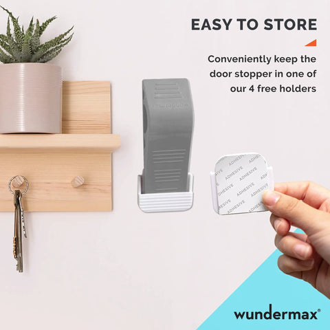 Heavy Duty Door Stopper Set Of 3 Rubber Wedges For Carpet, Hardwood, Concrete And Tile shown in wall holder