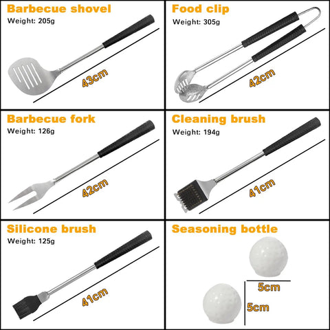 Golf Themed 8 Piece Barbecue Grill Utensils Set With Golf Club Spatula Golf Ball Tongs And Two Golf Ball Salt And Pepper Shakers For Outdoor Cooking And Camping shown with dimensions and weights.