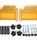 Adjustable Double Feather Board Set For Table Saw And Router with yellow PP hold downs and mounting hardware components.