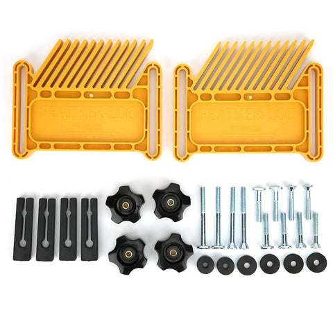 Adjustable Double Feather Board Set For Table Saw And Router with yellow PP hold downs and mounting hardware components.