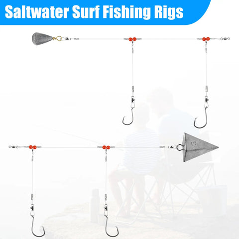 Surf Fishing Tackle Kit With 12 Leader Rigs 4 Pyramid Sinkers 1 Bass Casting Sinker And 10 Circle Hooks For Striped Bass Red Drum Flounder