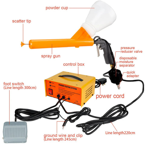 Heavy Duty Electrostatic Powder Coating Gun Kit w/ Control Panel & Pump with spray gun, powder cup, and foot switch for industrial use.