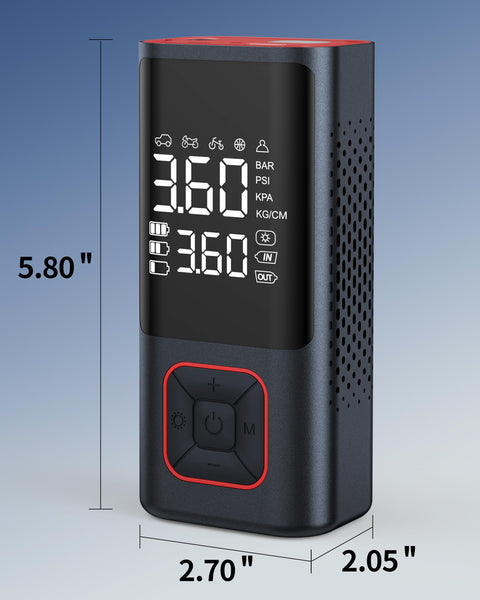 On The Go Cordless Tire Inflator Portable Air Compressor 150 PSI Auto Shutoff with LED display showing various pressure units.