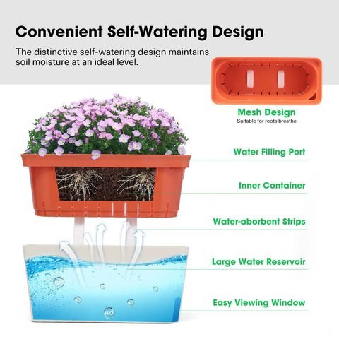 Diagram of self-watering design for 10.5 inch rectangular planter with water reservoir and absorbent strips.