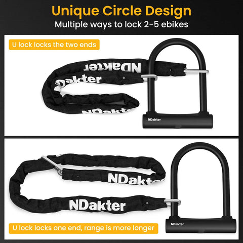 Beefy Heavy Duty 17mm U Lock With 4ft Chain And Mount Bracket For Bikes Electric Bikes Scooters Mopeds And Trikes Includes 3 Keys Anti Theft Security And Easy To Share With Family And Friends, U-lock and chain shown in two locking setups