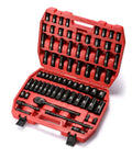 Heavy Duty One Half Inch Drive Impact Socket Set With SAE And Metric Sockets in red case, showing sockets and ratchet handle