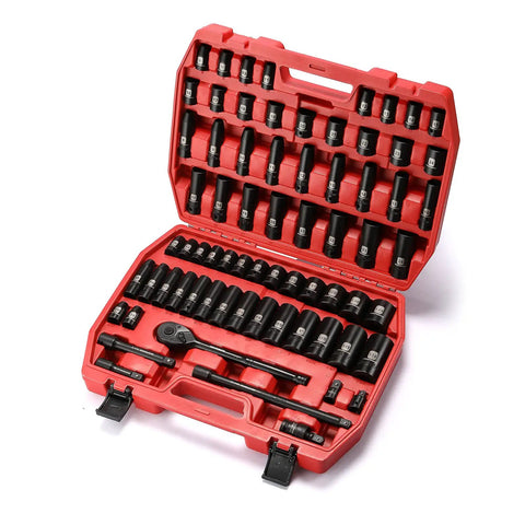 Heavy Duty One Half Inch Drive Impact Socket Set With SAE And Metric Sockets in red case, showing sockets and ratchet handle