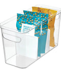 Divided Kitchen Organizer Bin With Handles In Clear And Matte White, 6 By 8 By 14 Inches, holding snack bags