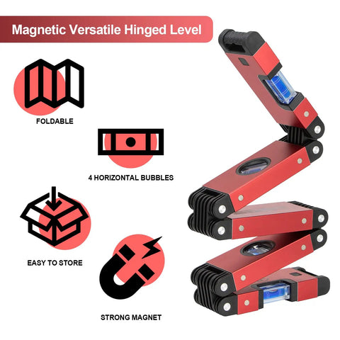Pro Grade 28 Inch Foldable Level Tool With 5 Section Design, showing magnetic and easy read bubble vials.