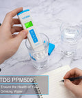 Hand using All in One pH and TDS EC Meter for Hydroponics With Temp ATC 2nd Gen Water Quality Tester Horizontal Display in glass