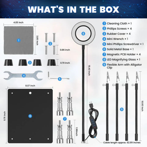 Helping Hands Soldering Station With Four Flexible Arms Five X Magnifying Glass parts including base, screws, and wrench