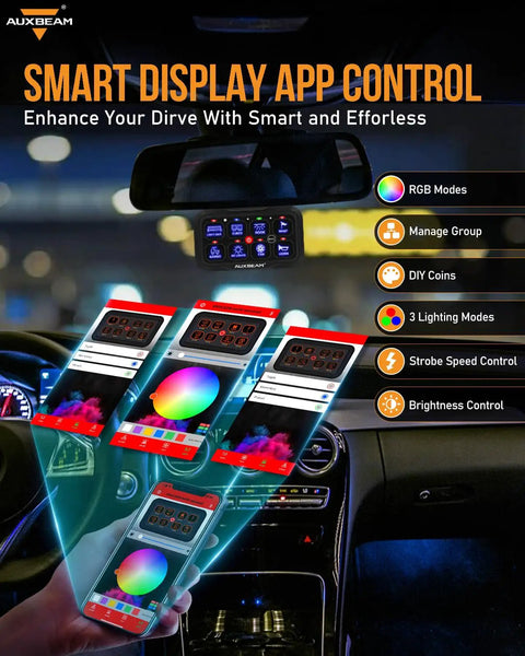 Eight Gang Bluetooth RGB Switch Panel With App Control for Vehicles in car dashboard displaying app interface