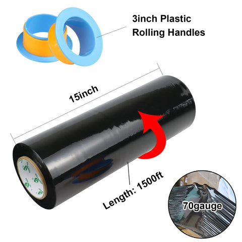 Heavy Duty Black Stretch Wrap 1500 Ft Roll With Hand Saver Handles 15 Inch Wide 70 Gauge Shrink Film used for storage and moving.
