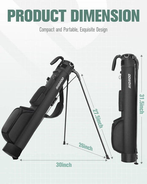 Ultra Lightweight Stand Golf Bag For Men And Women Holds Seven To Eight Clubs Two Way Divider System Built In Cooler Pocket Adjustable Shoulder Strap Multiple Pockets Perfect For Weekend Rounds And Short Trips dimensions and side view.