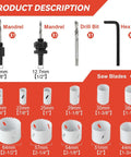 Maycraft hole saw kit, 17-piece set with 11 blades (19–38 mm), 2 arbors, drill bit, hex key for metal, PVC, drywall