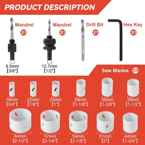 Maycraft hole saw kit, 17-piece set with 11 blades (19–38 mm), 2 arbors, drill bit, hex key for metal, PVC, drywall