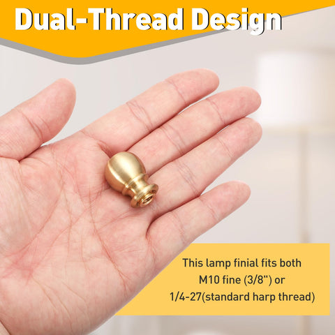 Hand holding a brass ball lamp finial with dual-thread design, part of Brass Ball Lamp Finials Set Of 2 1 Inch Tall Lamp Cap Knobs