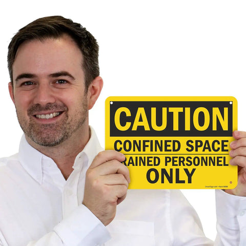 Confined Space Caution Sign 7x10 Inches OSHA Safe For Jobsites Trained Personnel Only 55 Mil HDPE Plastic Black And Yellow High Visibility Durable Outdoor Indoor Safety Sign