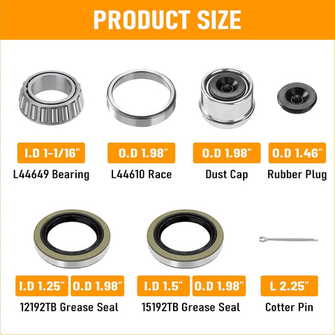 Heavy Duty Double Pack Trailer Wheel Bearing Kits Featuring L44649 L44610 Parts including grease seals and cotter pin for smooth use.