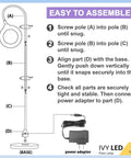 Assembly diagram for Gooseneck LED Floor Lamp For Office Reading And Bedrooms Non Glare Eye Safe Lighting 600 Lumens From 3 Watt LED Energy Saver Lit Brightness Ideal For Lash Extensions Makeup And Nail Spa Black
