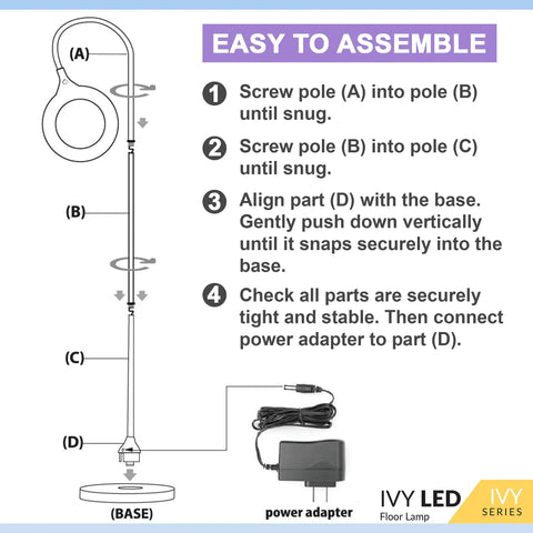 Assembly diagram for Gooseneck LED Floor Lamp For Office Reading And Bedrooms Non Glare Eye Safe Lighting 600 Lumens From 3 Watt LED Energy Saver Lit Brightness Ideal For Lash Extensions Makeup And Nail Spa Black
