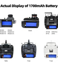 6 RC transmitters showing 7.4V 2S LiPo Battery 1700mAh 5C JST 2Pin compatibility, including RC4GS V3, RC8X, AT9S Pro, and T8FB models.