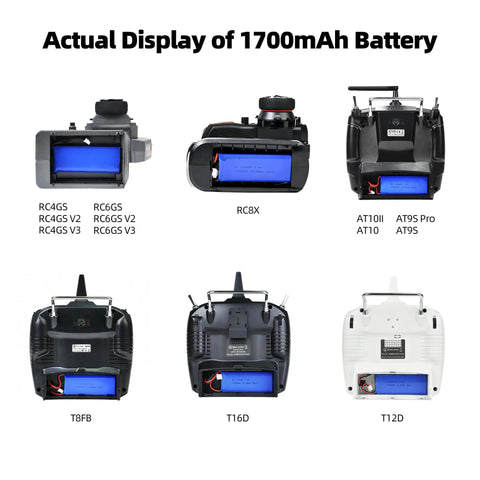 6 RC transmitters showing 7.4V 2S LiPo Battery 1700mAh 5C JST 2Pin compatibility, including RC4GS V3, RC8X, AT9S Pro, and T8FB models.