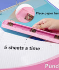 Pink 3 Hole Binder Punch, Compact Desk Tool With 5 Sheet Capacity, Includes 10 Inch Ruler, Paper Chip Tray, And Paper Line Up Guide. Portable Office And School Essential For Professors, Teachers, Students And Busy Professionals.