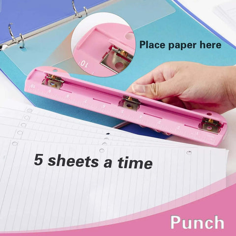 Pink 3 Hole Binder Punch, Compact Desk Tool With 5 Sheet Capacity, Includes 10 Inch Ruler, Paper Chip Tray, And Paper Line Up Guide. Portable Office And School Essential For Professors, Teachers, Students And Busy Professionals.